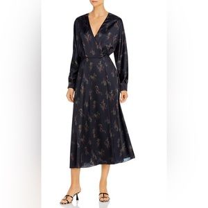 VINCE Silky Black Printed Midi Dress, Long Sleeves, Medium, Never Been Worn NWT